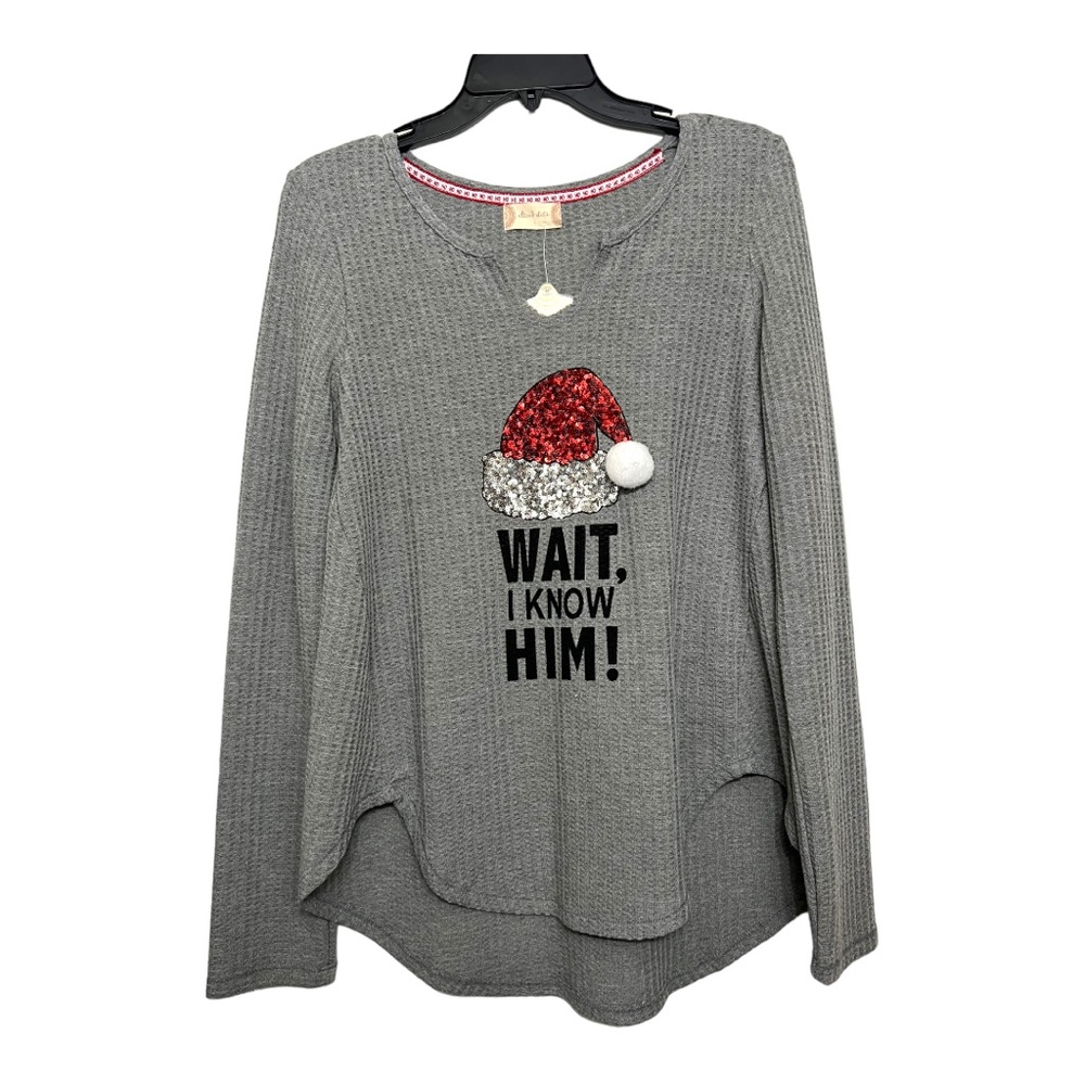 NWT Altar’d State Gray Waffle Knit Christmas Elf Quote Santa I Know Him Thermal